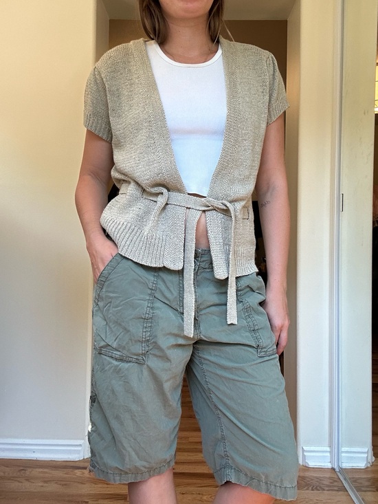 Vintage Tops - Adorable August silk Beige Open Knit Tie-Front Cardigan